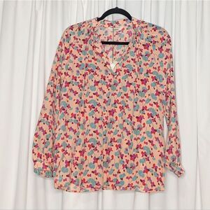 Tucker NYC Long Sleeve Polo Blouse Cherry Bloom Large Floral in Crepe de Chine